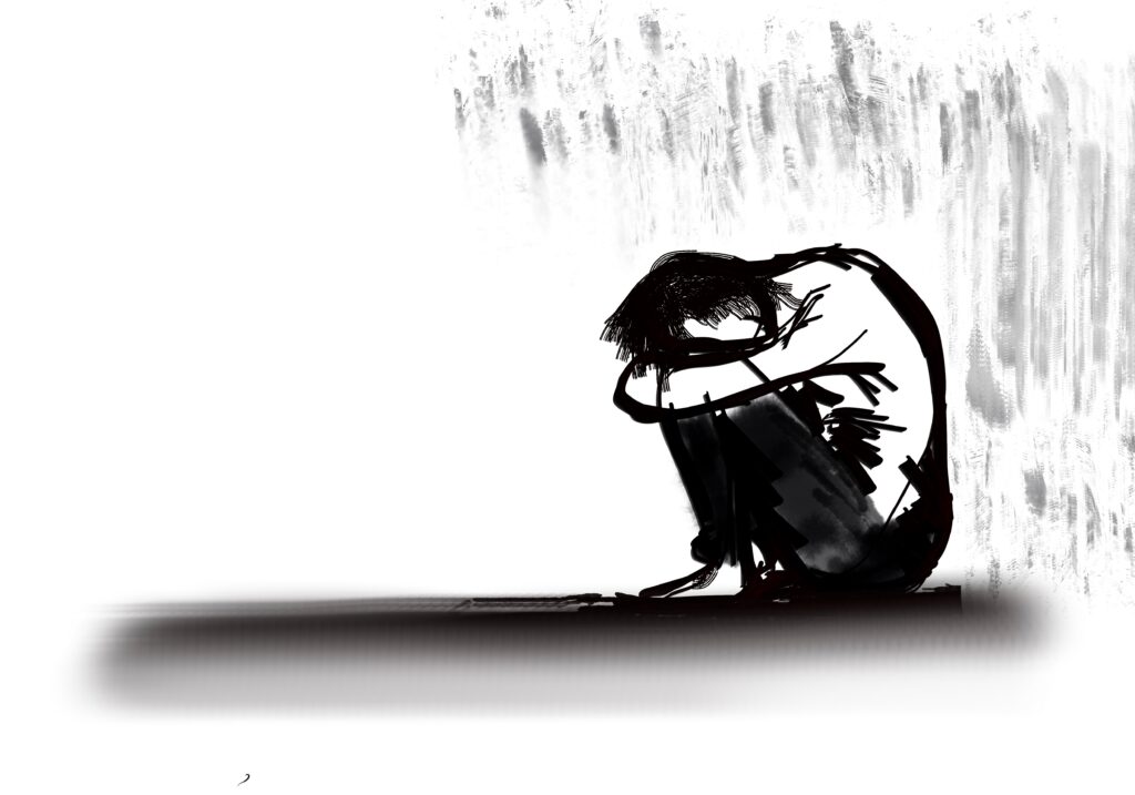 illustration of a person crouched on the ground with their head on their knees